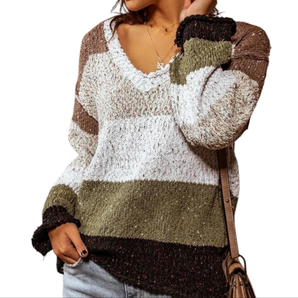 POL Striped V-Neck Oversized Pullover Striped Sweater Womens Sz Small